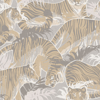 Non-woven wallpaper, grey-beige, tigers, leaves, M69507, Nomade, Ugépa