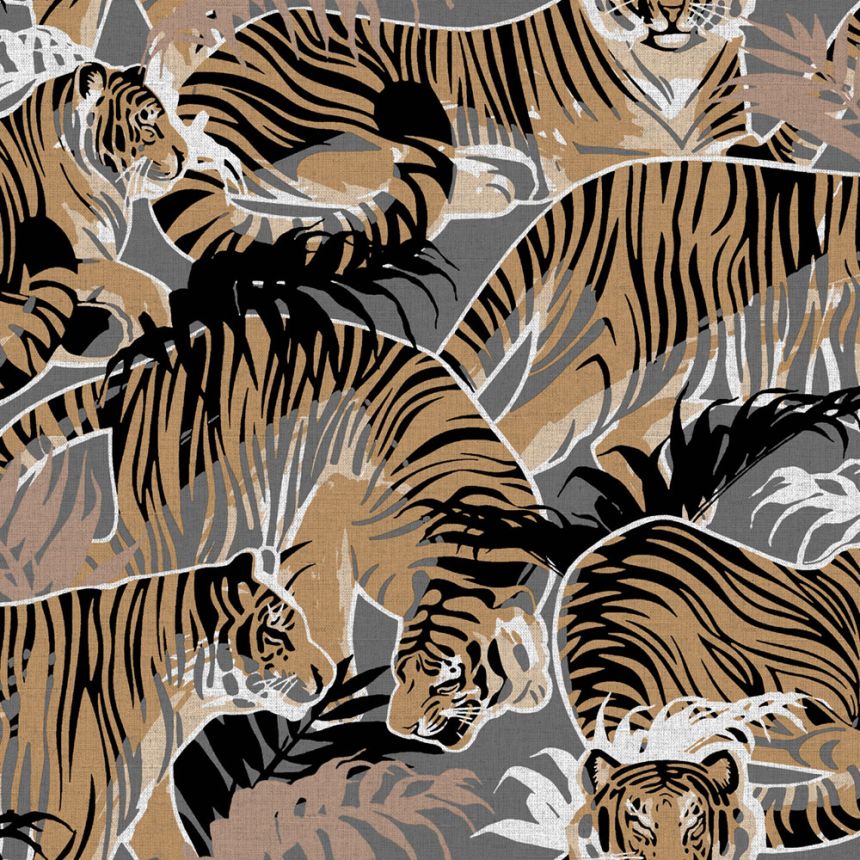 Non-woven wallpaper, grey-brown, tigers, leaves, M69508, Nomade, Ugépa