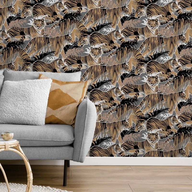 Non-woven wallpaper, grey-brown, tigers, leaves, M69508, Nomade, Ugépa