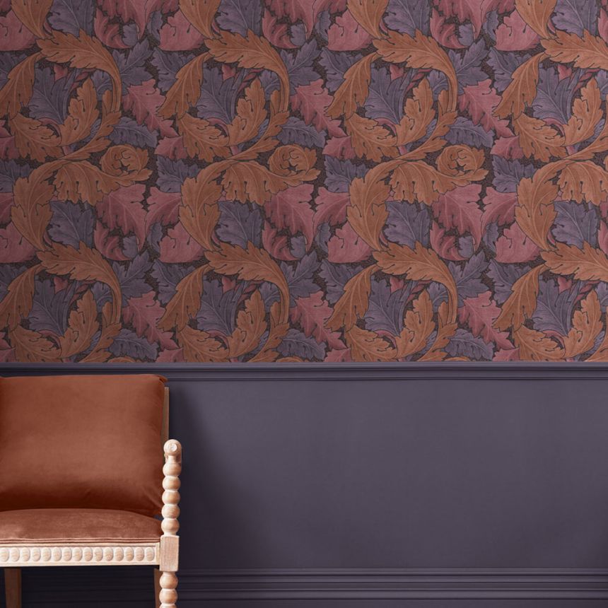 Non-woven wallpaper, red-purple, leaves, 124223, William Morris At Home