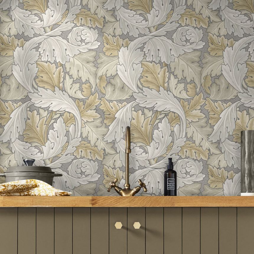 Non-woven wallpaper, gray-beige, leaves, 124226, William Morris At Home