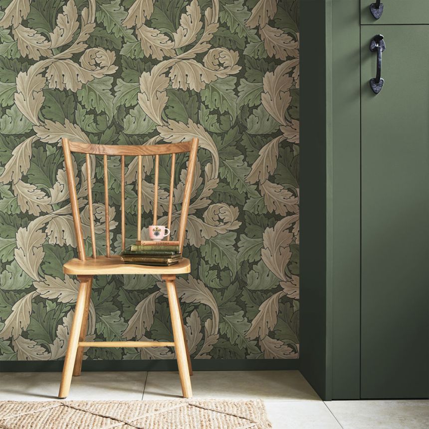 Non-woven wallpaper, green-beige, leaves, 124227, William Morris At Home