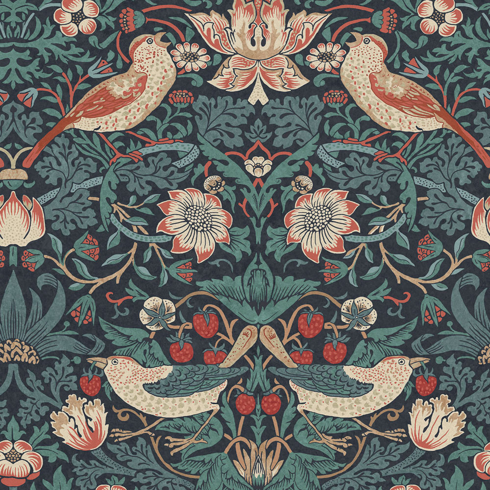 Non-woven wallpaper, blue, flowers, birds, 124231, William Morris At Home