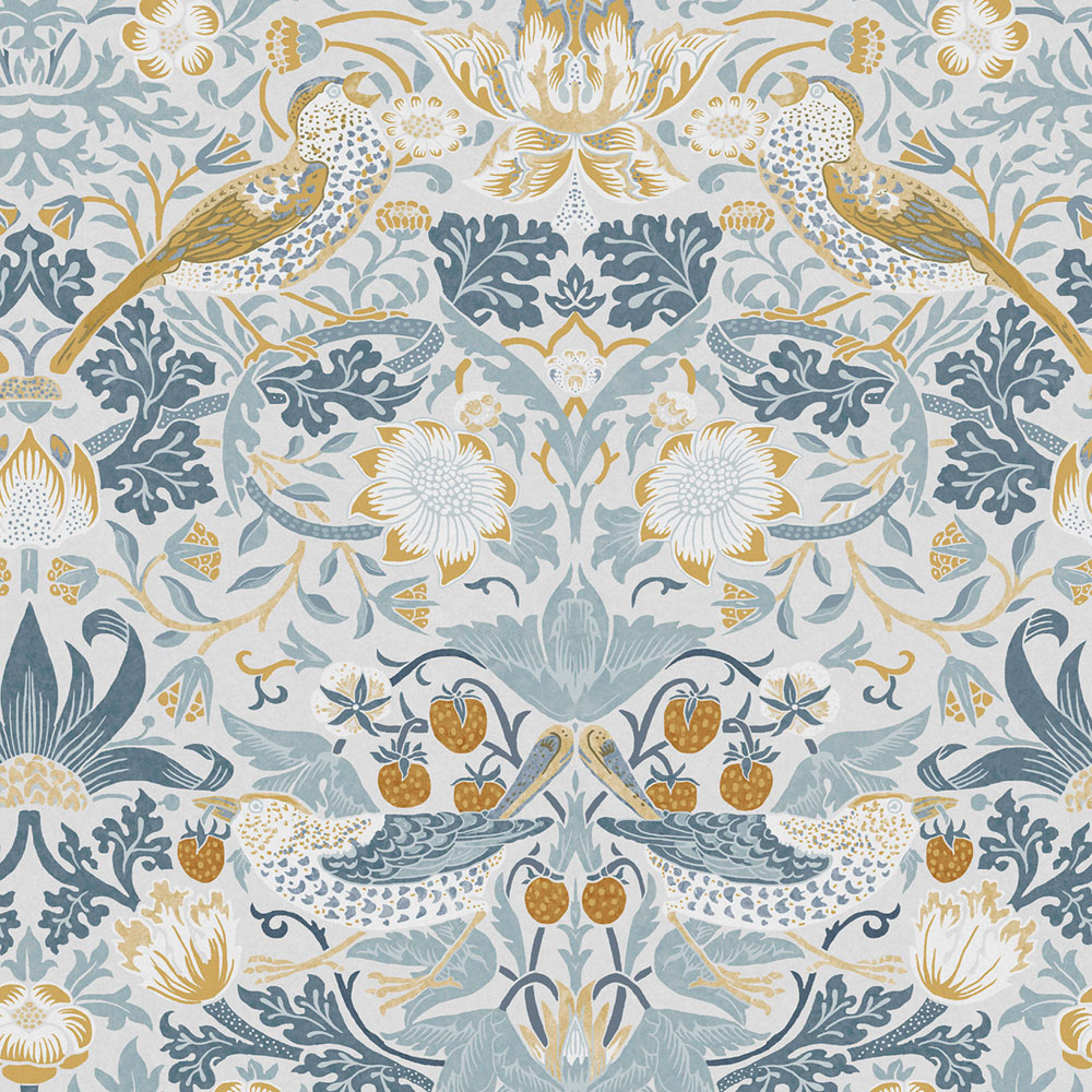 Non-woven wallpaper, gray-blue, flowers, birds, 124232, William Morris At Home