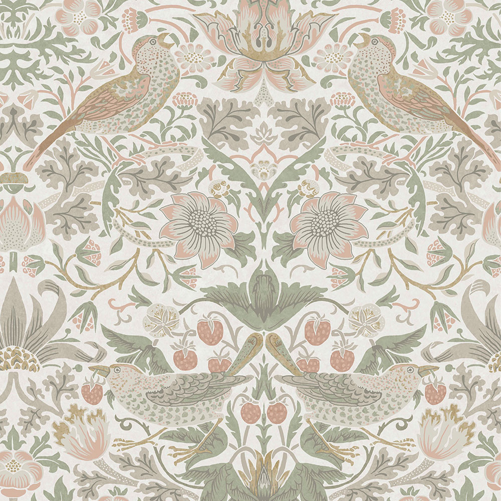 Non-woven wallpaper, green-pink, flowers, birds, 124233, William Morris At Home