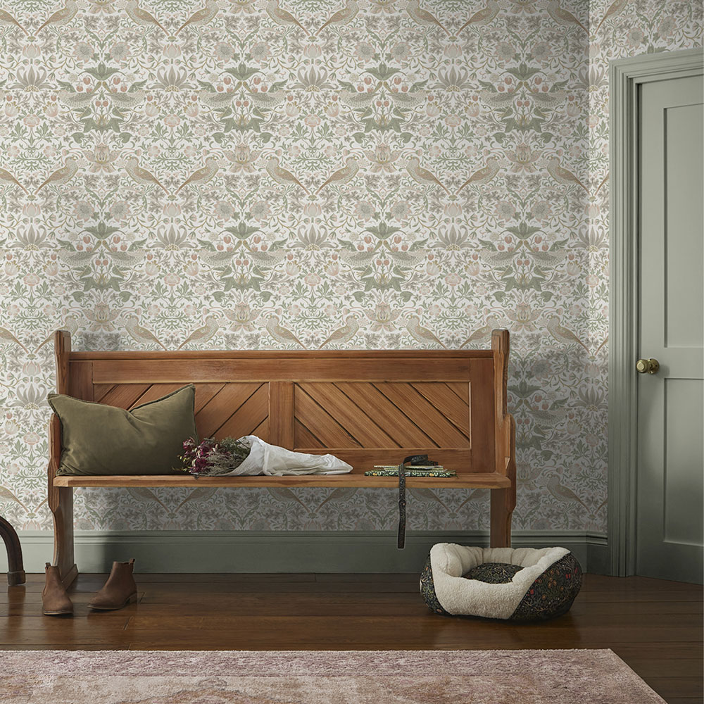 Non-woven wallpaper, green-pink, flowers, birds, 124233, William Morris At Home