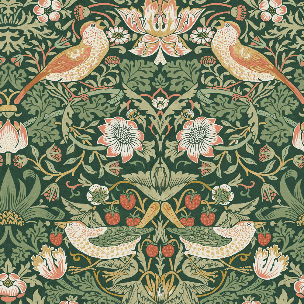 Non-woven wallpaper, green, flowers, birds, 124234, William Morris At Home