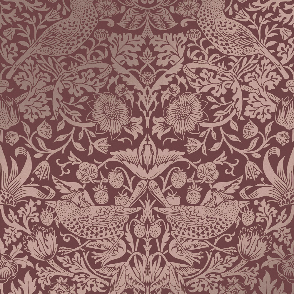 Non-woven wallpaper, burgundy, flowers, birds, 124235, William Morris At Home