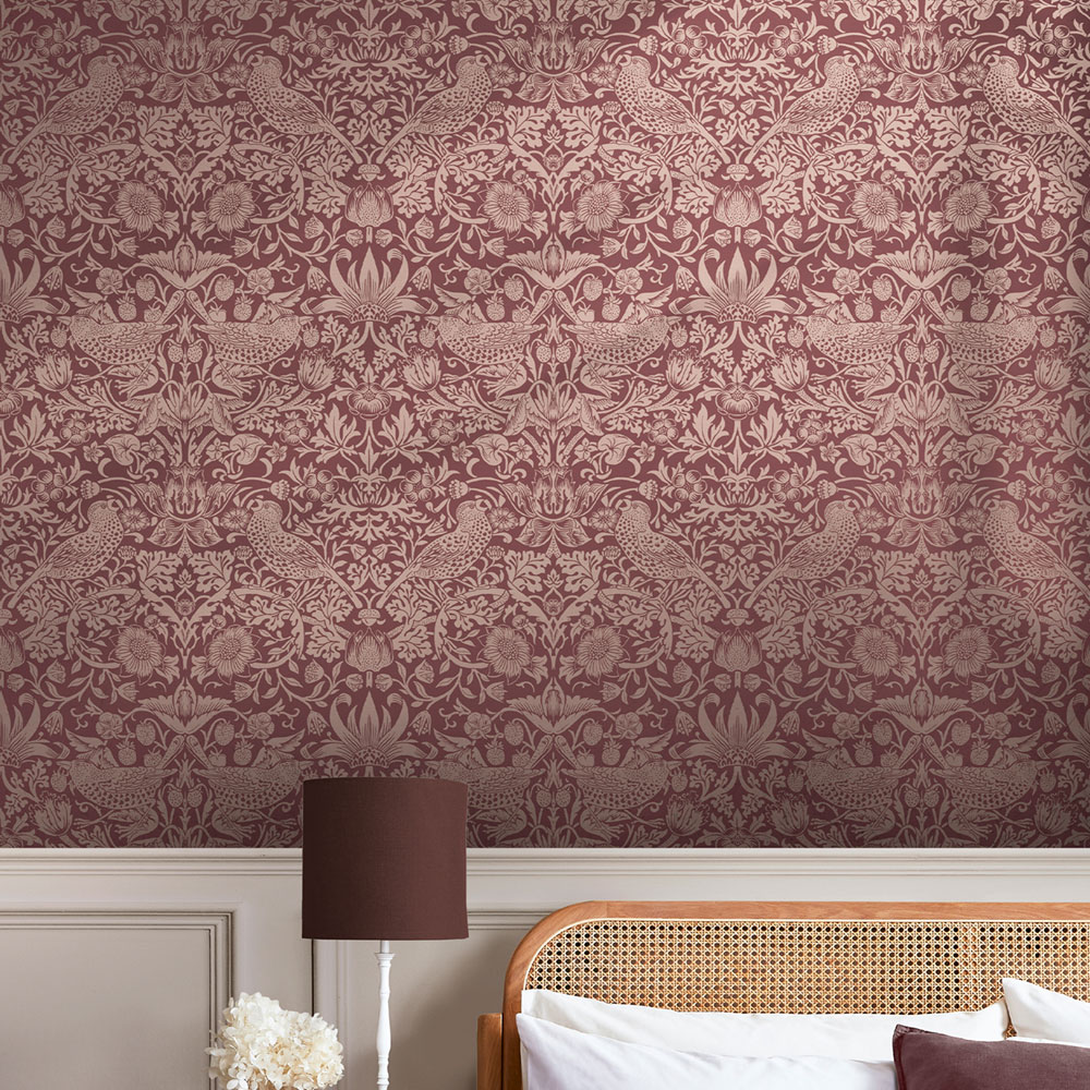 Non-woven wallpaper, burgundy, flowers, birds, 124235, William Morris At Home