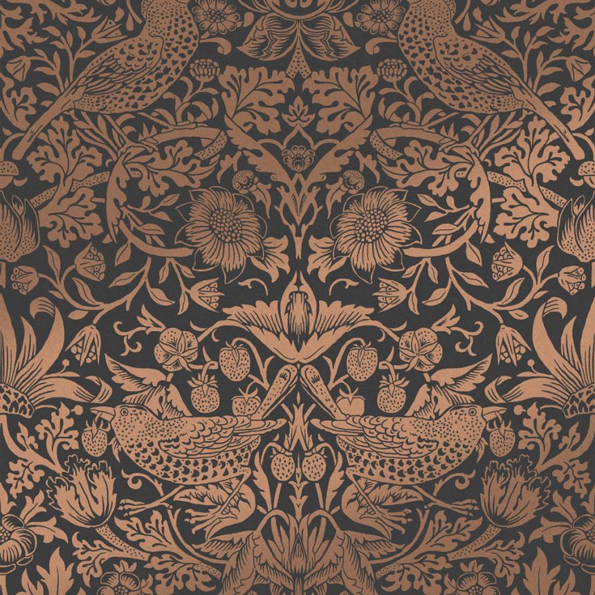 Non-woven wallpaper, black-bronze, flowers, birds, 124236, William Morris At Home