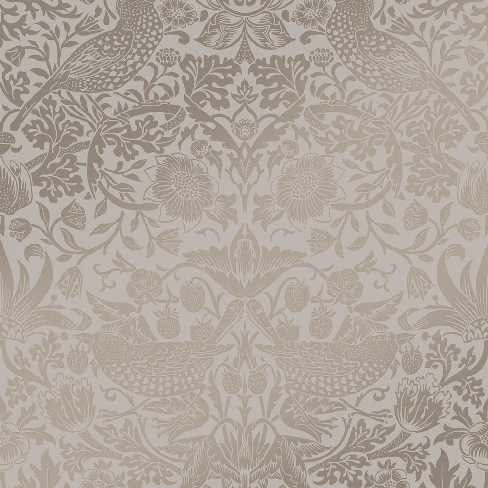 Non-woven wallpaper, gray-beige, flowers, birds, 124238, William Morris At Home