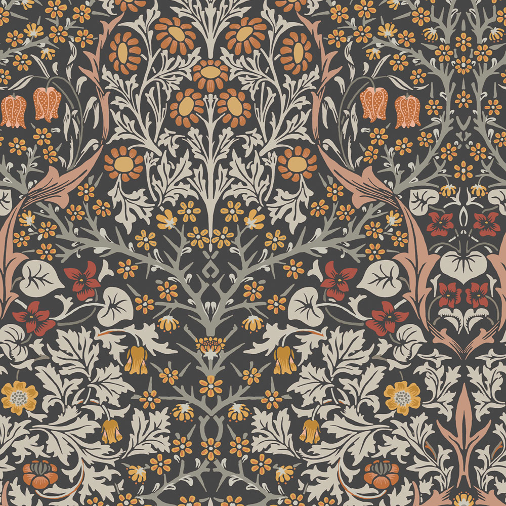 Non-woven wallpaper, gray-black, flowers, leaves, 124250, William Morris At Home
