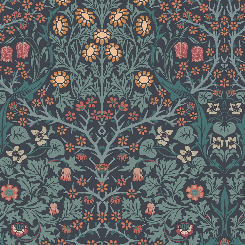 Non-woven wallpaper, blue, flowers, leaves, 124251, William Morris At Home