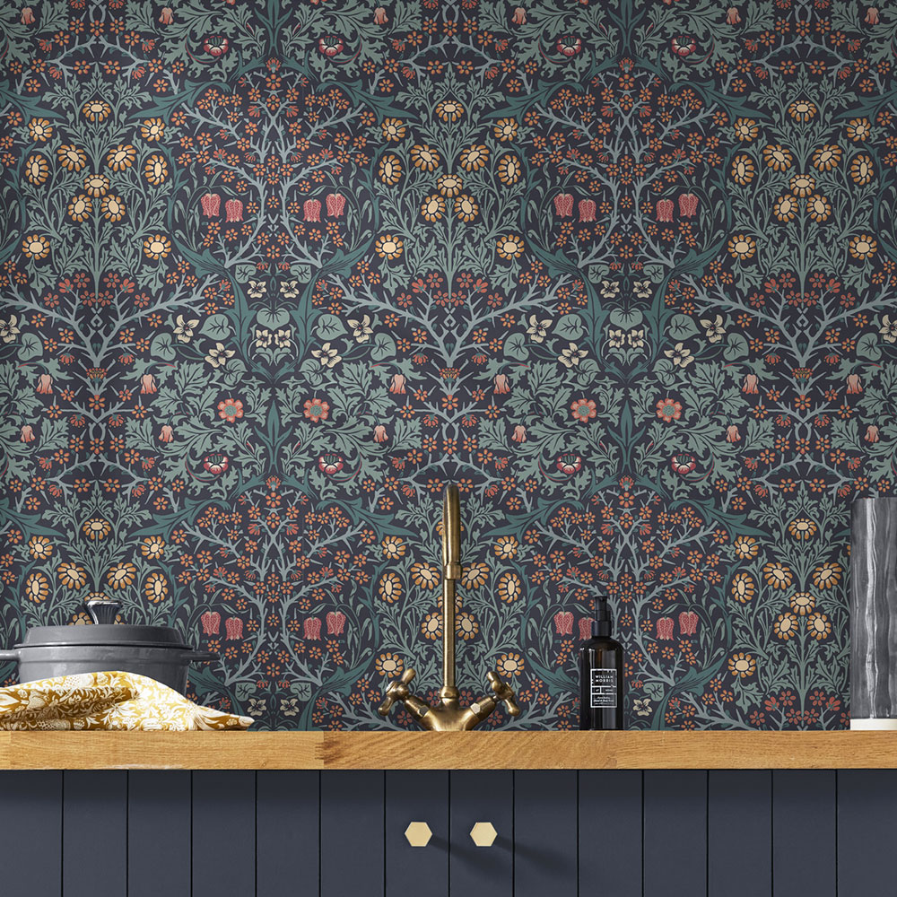 Non-woven wallpaper, blue, flowers, leaves, 124251, William Morris At Home