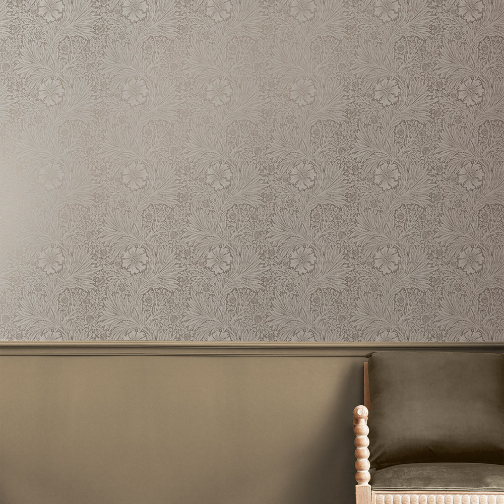 Non-woven wallpaper, gray-beige, flowers, leaves, 124257, William Morris At Home