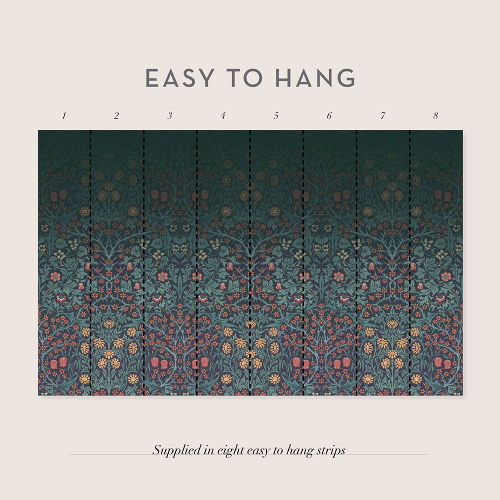 Non-woven wall mural, blue, flowers, birds, 125328, William Morris At Home