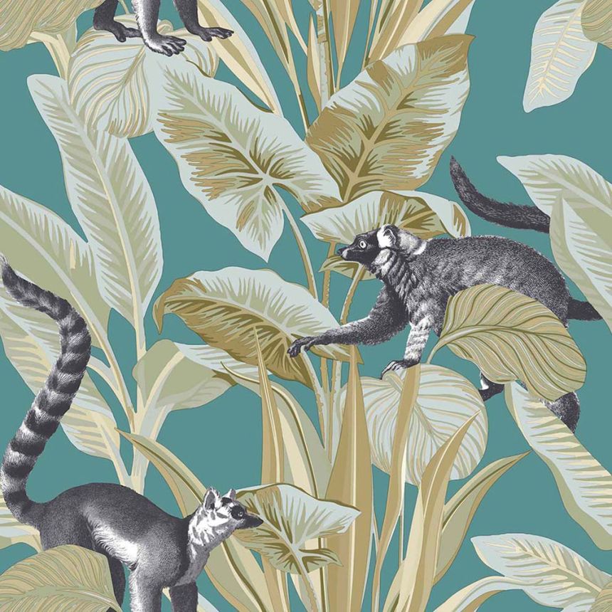 Non-woven wallpaper, turquoise, leaves, animals, 15535, Botany House, Cristiana Masi by Parato