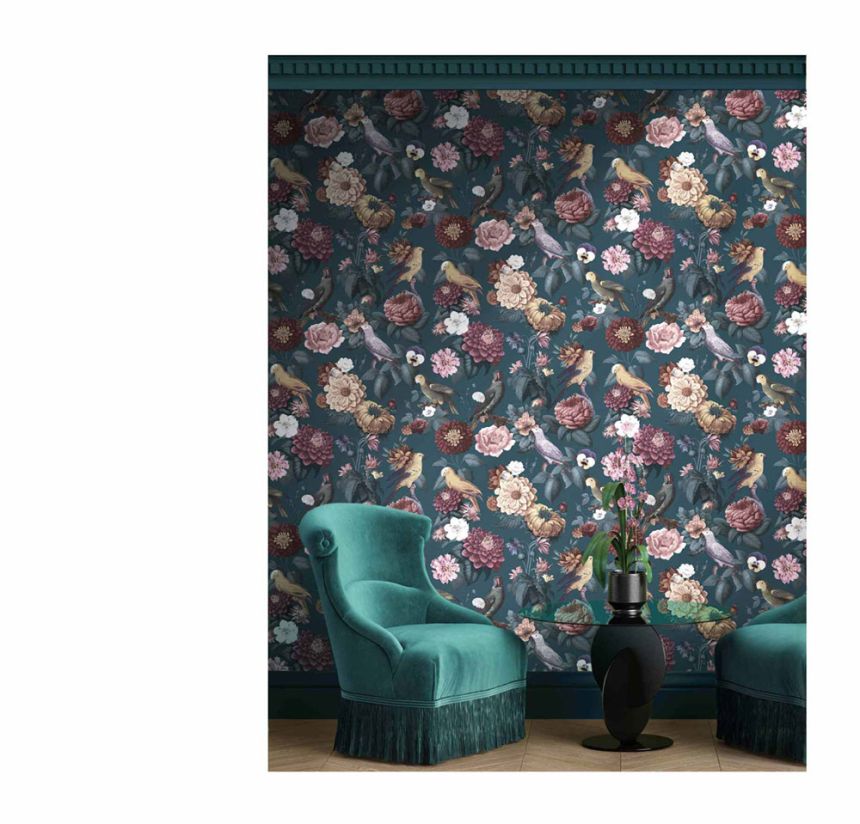 Non-woven wallpaper, blue, flowers, parrots, 15547, Botany House, Cristiana Masi by Parato