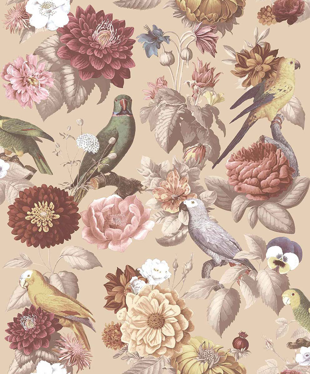 Non-woven wallpaper, beige, flowers, parrots, 15548, Botany House, Cristiana Masi by Parato