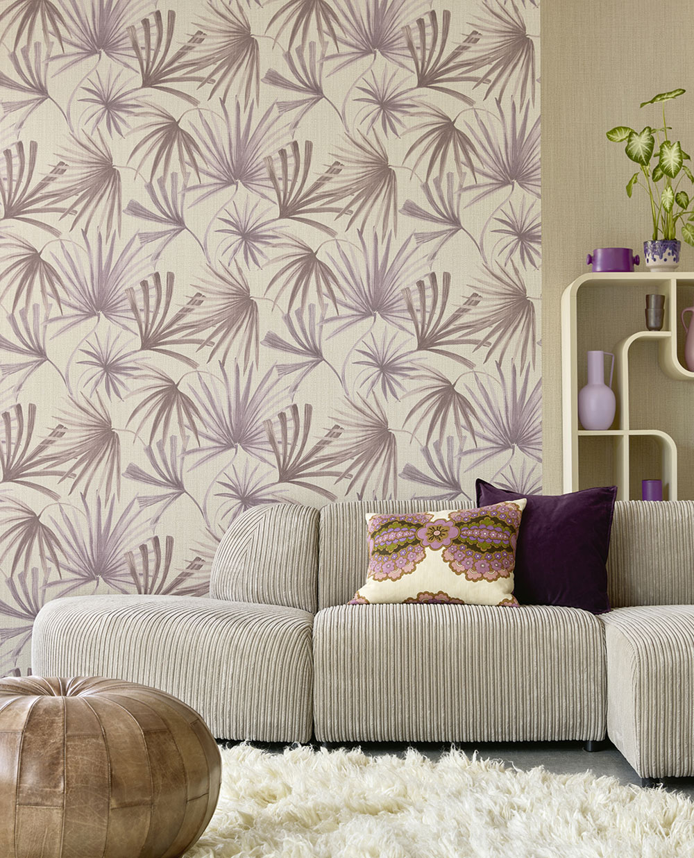 Non-woven wallpaper, grey- purple, leaves, 340512, Groovy, Eijffinger