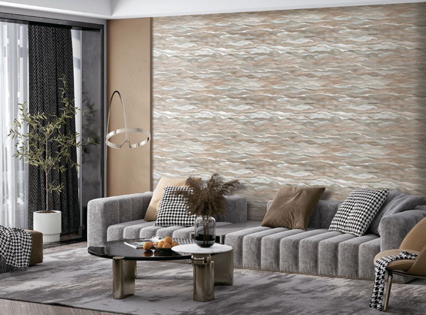 Non-woven wallpaper, brown-gold, waves, marble, SA524046, Santa Fe, Design ID
