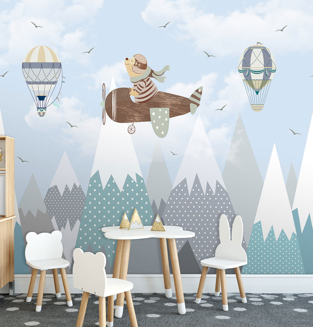 Children's non-woven wall mural, airplane, mountains, CW6001-1, Cute Walls, Decoprint