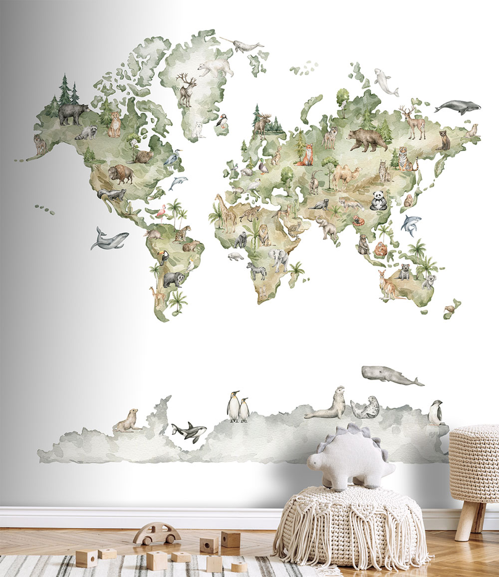 Children's non-woven wall mural, animals, World map, CW6042-1, Cute Walls, Decoprint