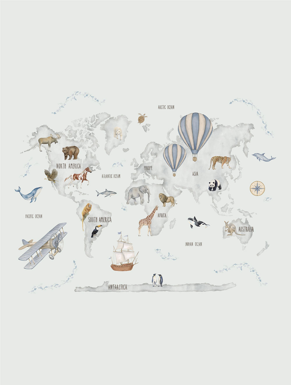 Children's non-woven wall mural, animals, World map, CW6118-1, Cute Walls, Decoprint