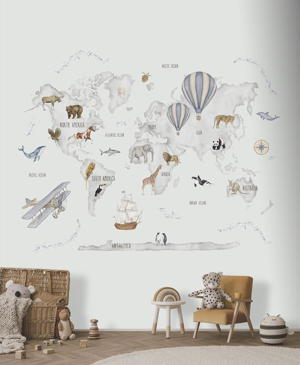 Children's non-woven wall mural, animals, World map, CW6118-1, Cute Walls, Decoprint