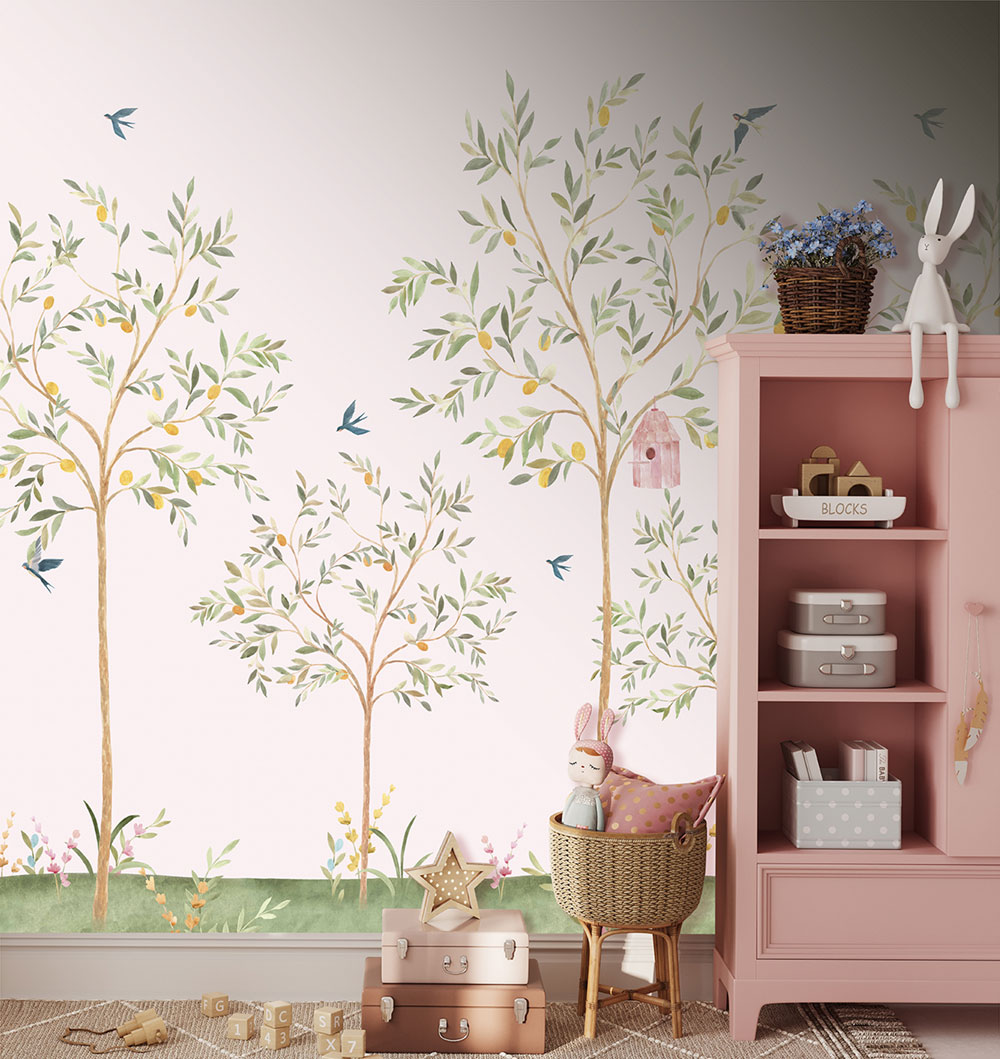Children's non-woven wall mural, pink, trees, CW6121-1, Cute Walls, Decoprint
