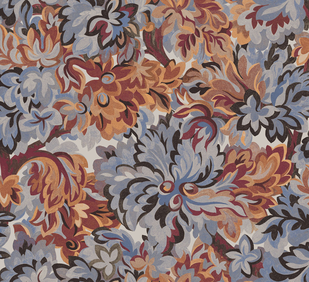 Non-woven wallpaper, blue-burgundy, flowers, RHA004, Rhapsody, Masureel