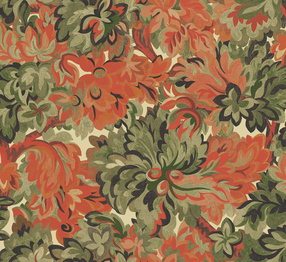 Non-woven wallpaper, green-orange, flowers, RHA006, Rhapsody, Masureel