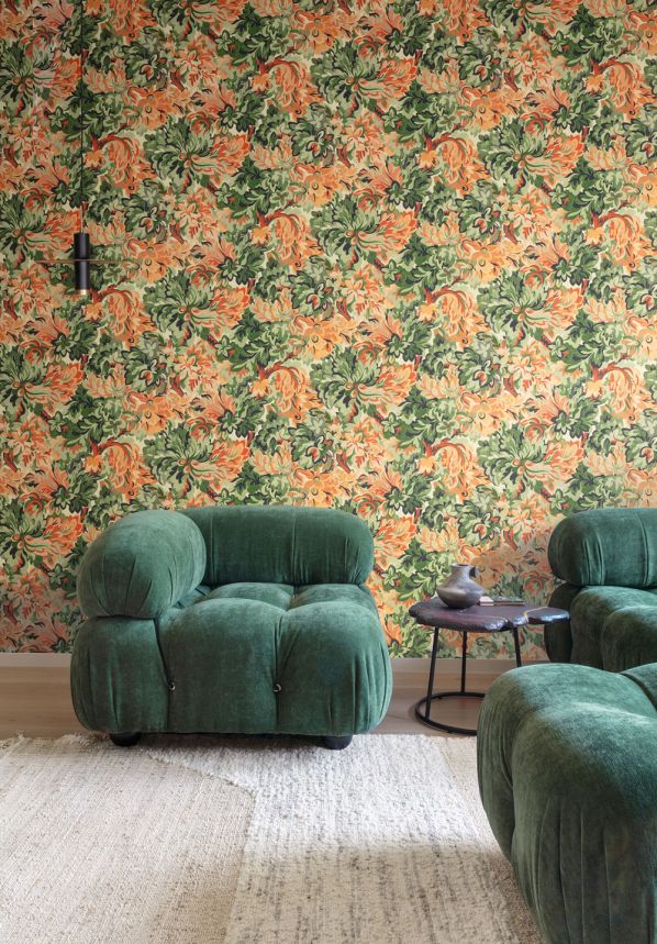 Non-woven wallpaper, green-orange, flowers, RHA006, Rhapsody, Masureel