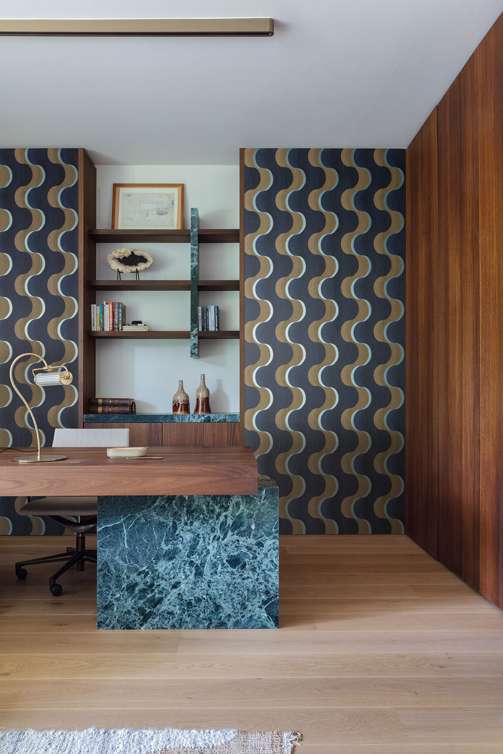 Non-woven wallpaper, blue-brown, 3D waves, RHA103, Rhapsody, Masureel