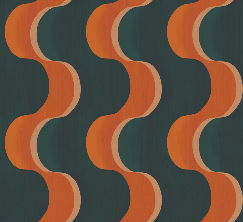 Non-woven wallpaper, green-orange, 3D waves, RHA105, Rhapsody, Masureel