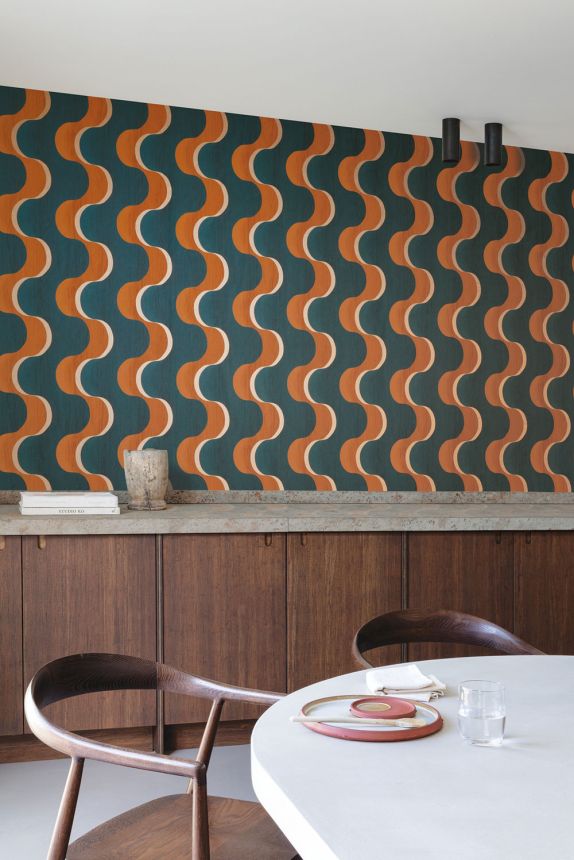 Non-woven wallpaper, green-orange, 3D waves, RHA105, Rhapsody, Masureel