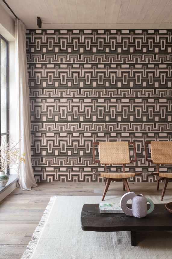 Geometric non-woven wallpaper black-grey, ethno, AMA003, Amani, Masureel