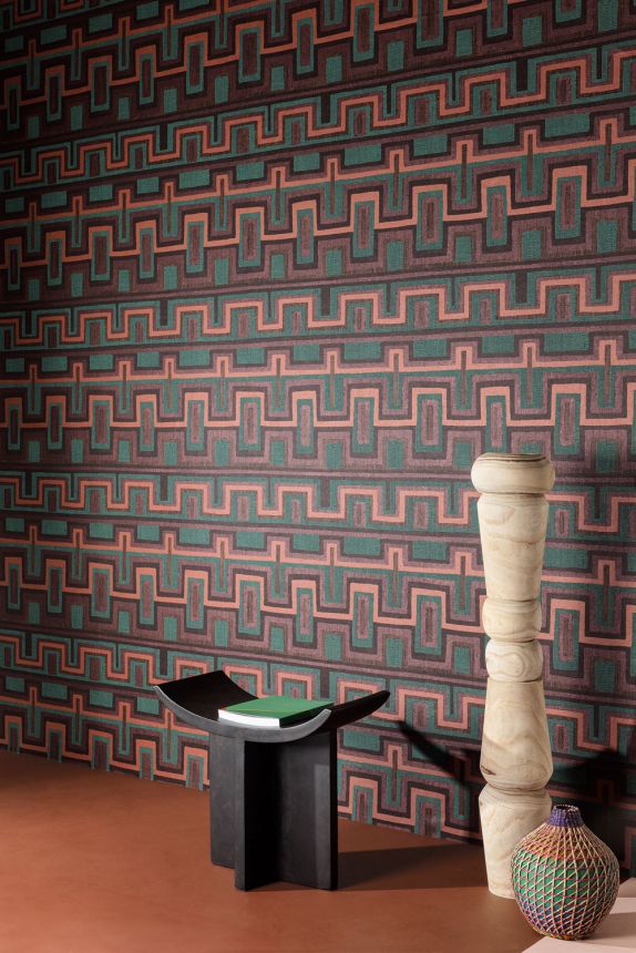 Geometric non-woven wallpaper brown-green, ethno, AMA005, Amani, Masureel