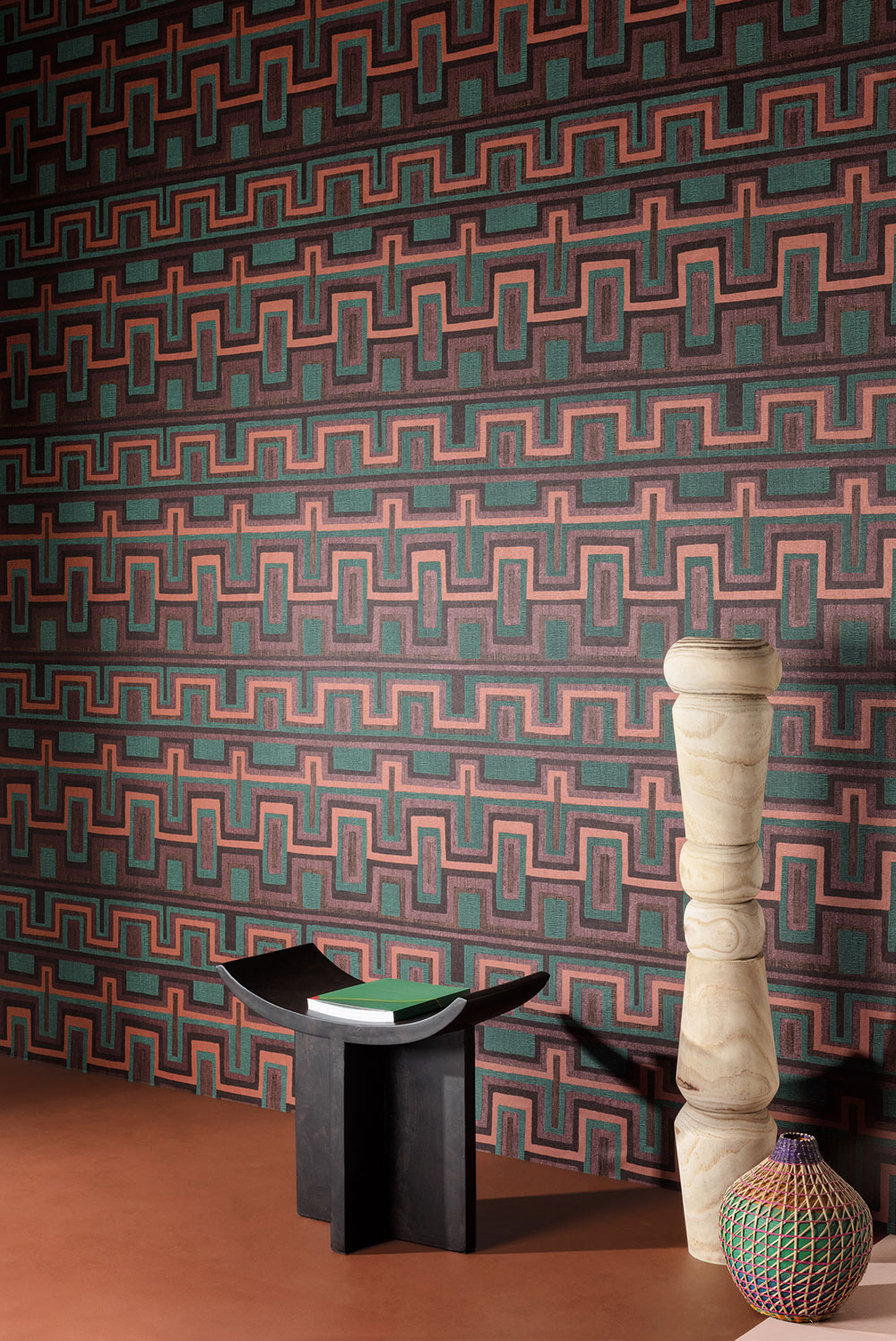 Geometric non-woven wallpaper brown-green, ethno, AMA005, Amani, Masureel