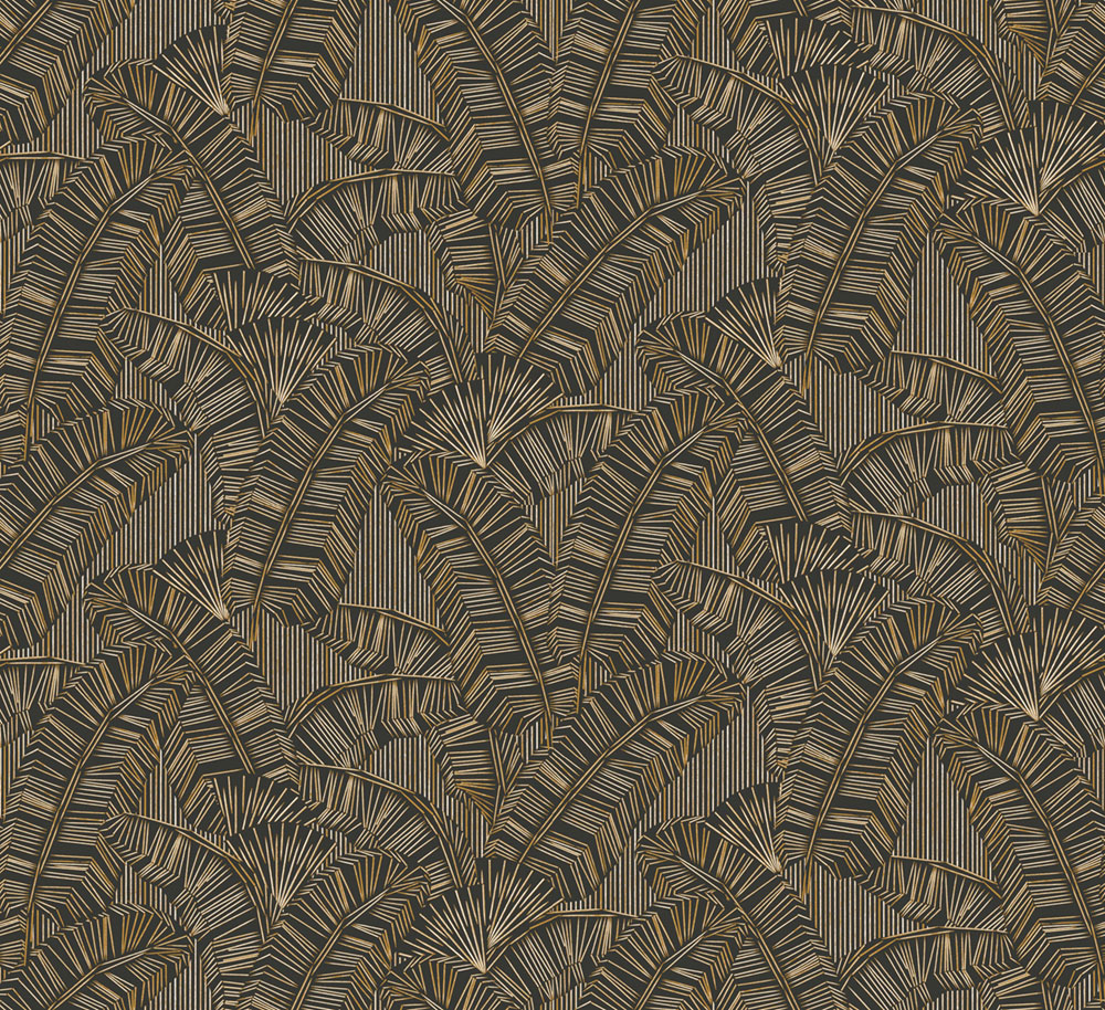 Non-woven wallpaper, black, leaves, AMA402, Amani, Masureel