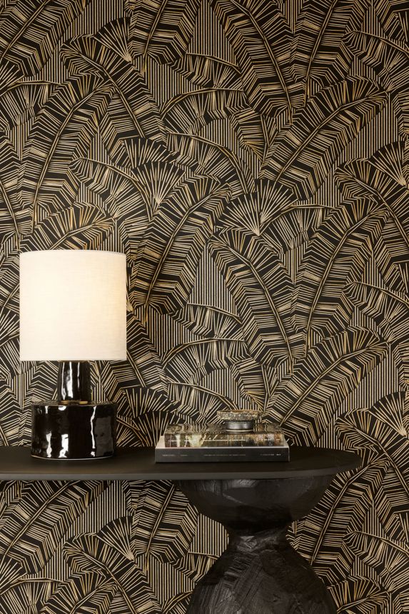 Non-woven wallpaper, black, leaves, AMA402, Amani, Masureel