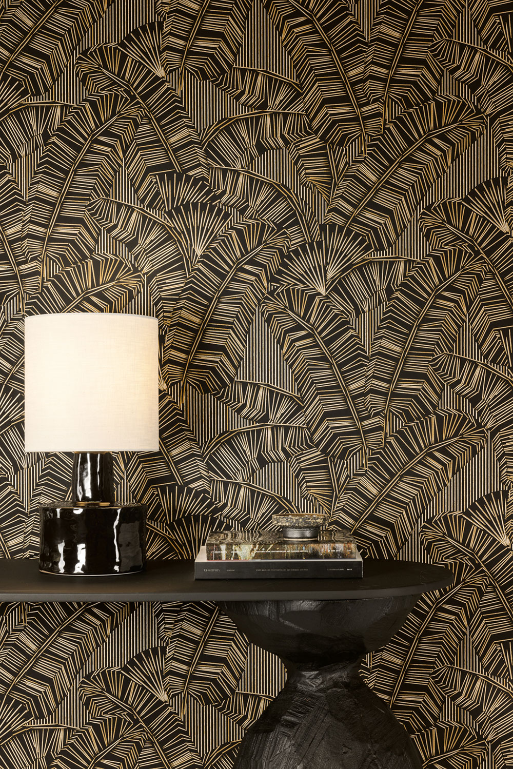 Non-woven wallpaper, black, leaves, AMA403, Amani, Masureel