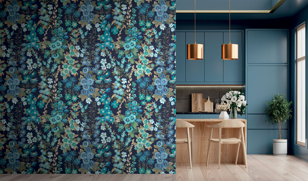 Non-woven wall mural, blue, flowers, FW4025-1, Feature Walls, Decoprint