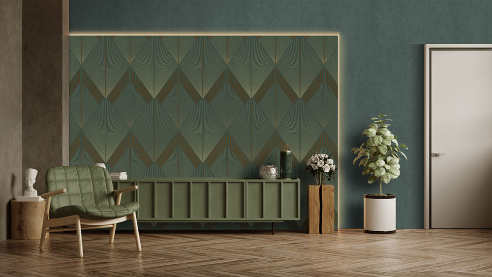 Geometric non-woven wall mural, green, FW4035-3, Feature Walls, Decoprint
