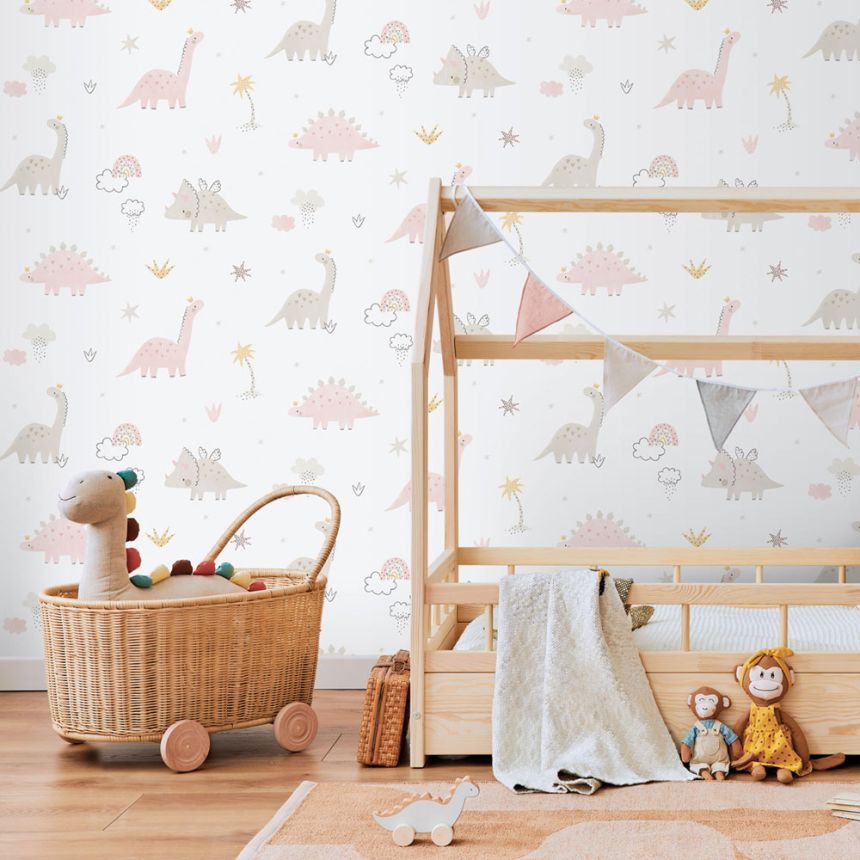 Children's non-woven wallpaper, pink, dinosaurs, 283-1, Enzo,  ICH Wallcoverings