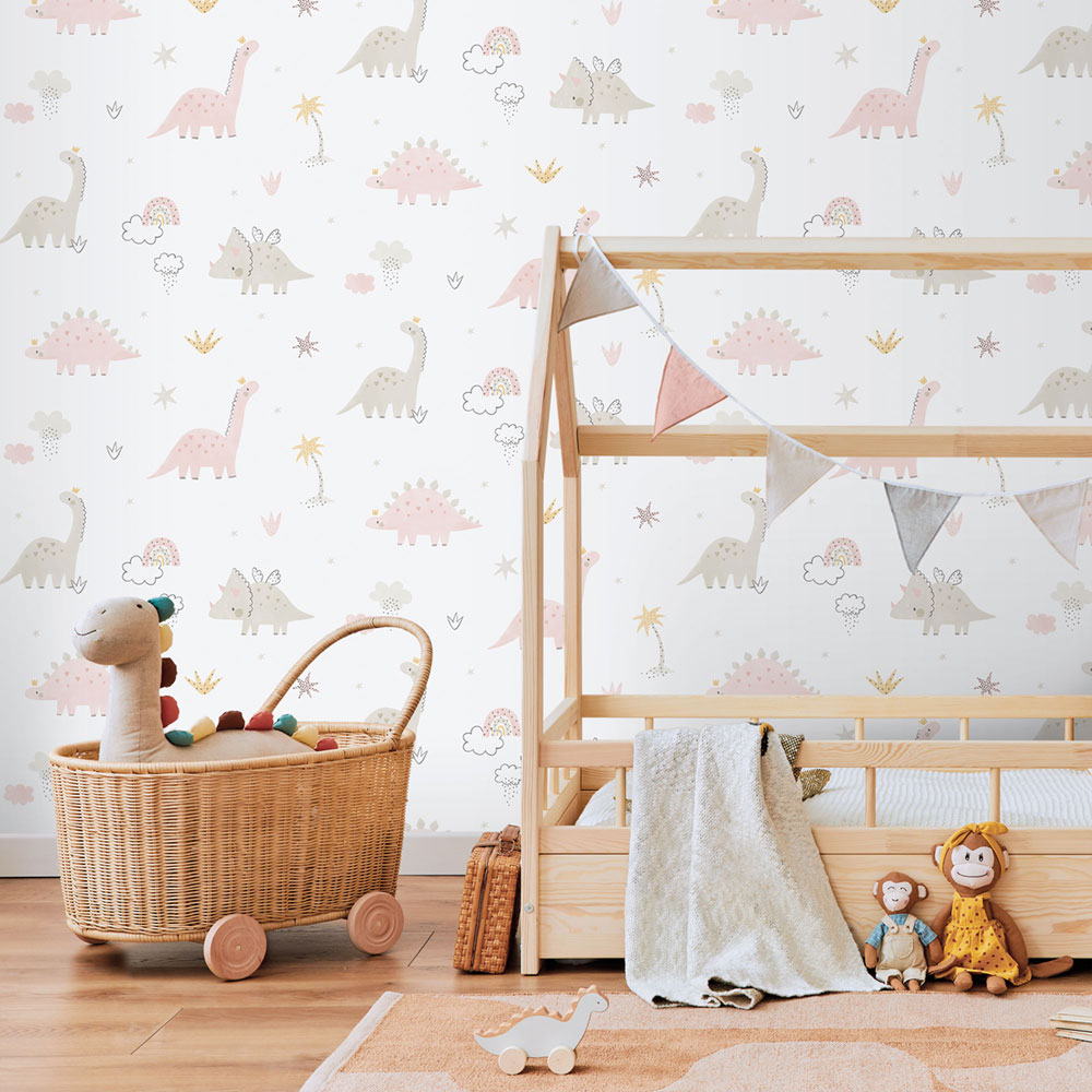 Children's non-woven wallpaper, pink, dinosaurs, 283-1, Enzo,  ICH Wallcoverings