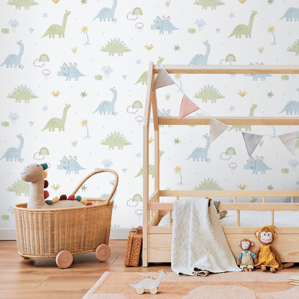 Children's non-woven wallpaper, blue-green, dinosaurs, 283-2, Enzo,  ICH Wallcoverings