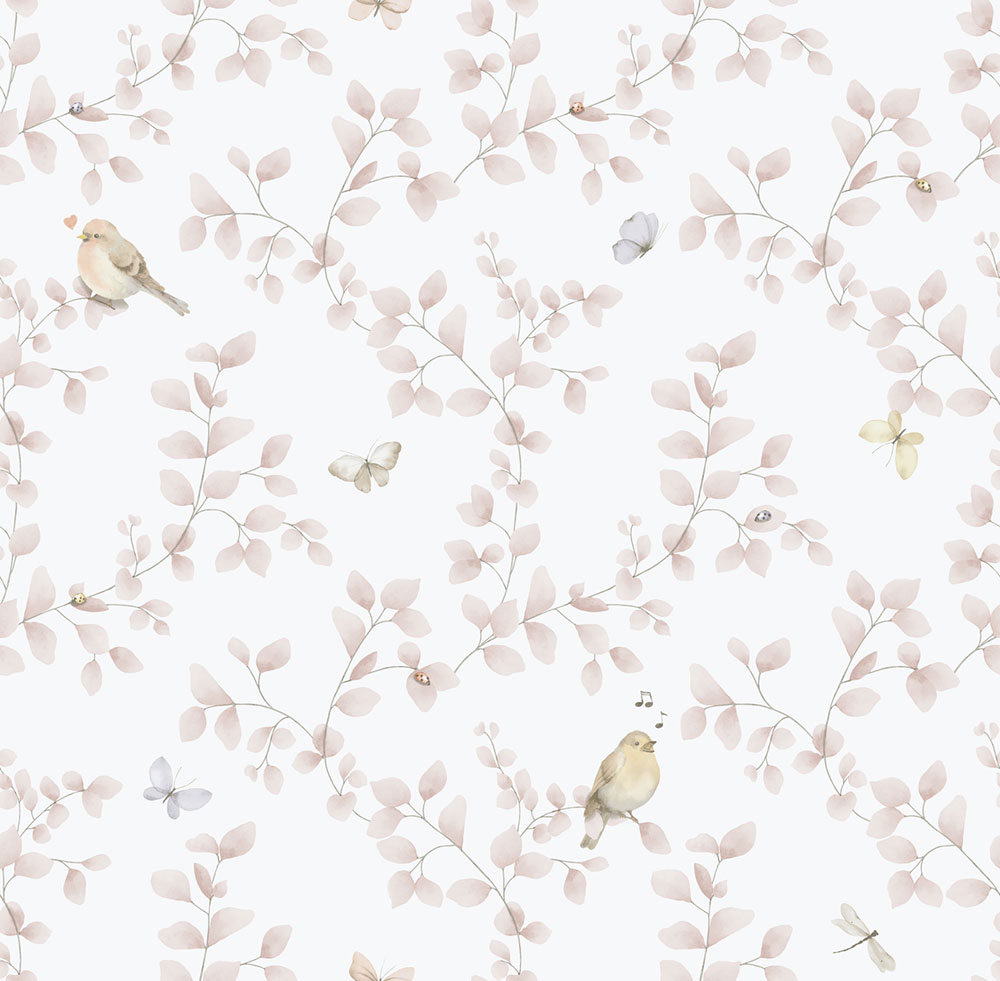 Children's non-woven wallpaper, pink, birds, 284-1, Enzo,  ICH Wallcoverings