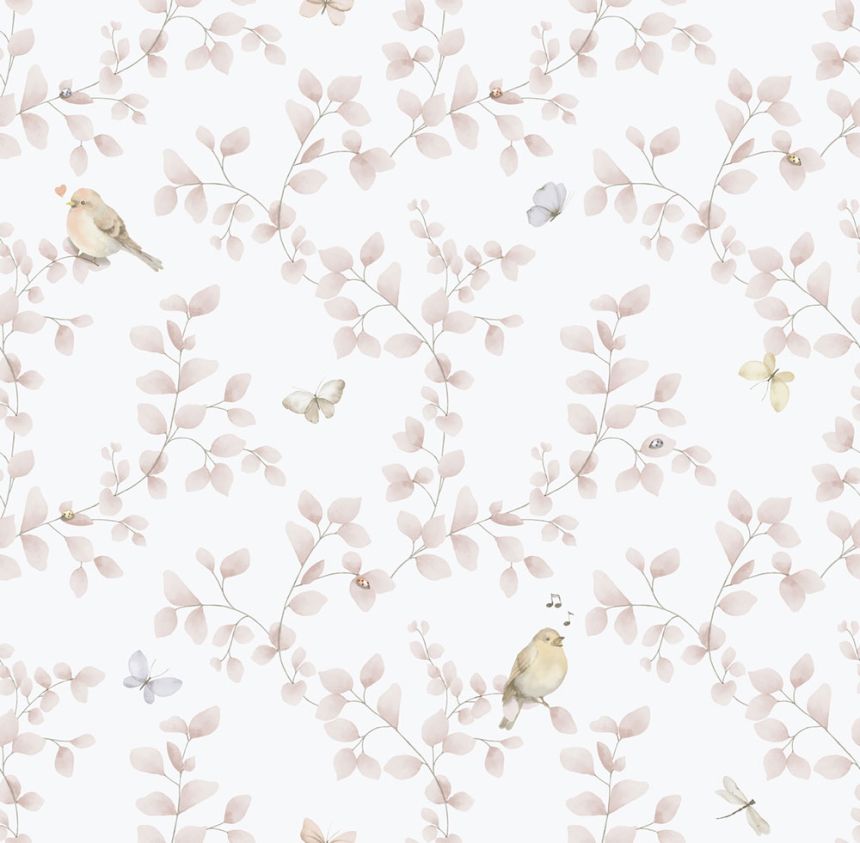 Children's non-woven wallpaper, pink, birds, 284-1, Enzo,  ICH Wallcoverings