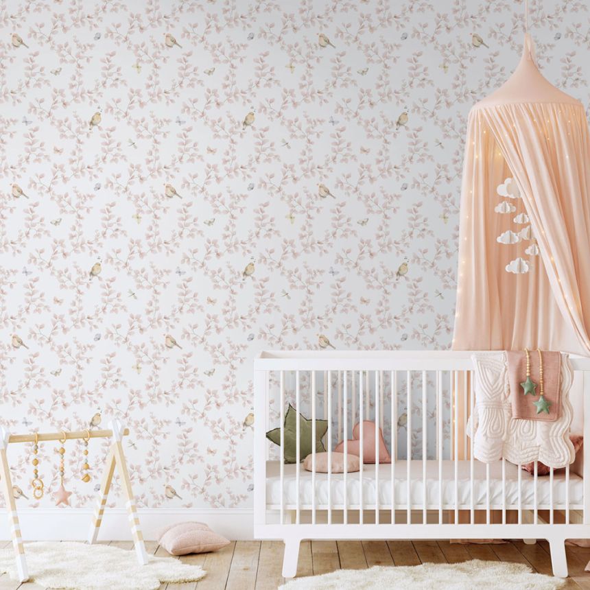 Children's non-woven wallpaper, pink, birds, 284-1, Enzo,  ICH Wallcoverings